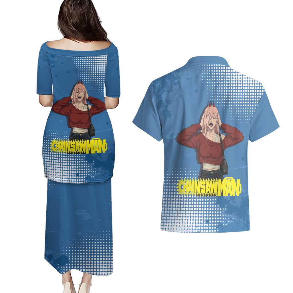 Power Chainsaw Man in Street Chic Couples Matching Puletasi and Hawaiian Shirt Bold Blue Anime Aesthetic with Power