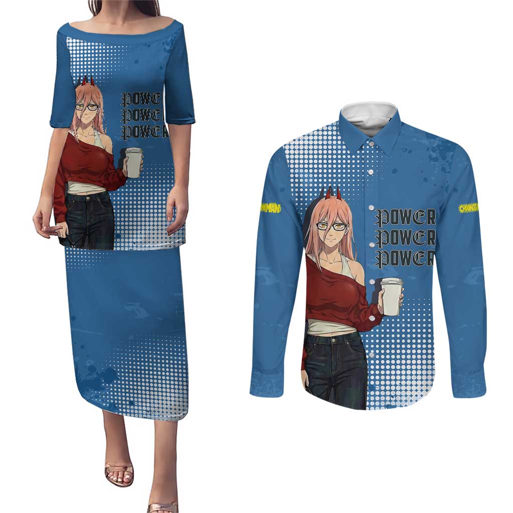 Power Chainsaw Man in Street Chic Couples Matching Puletasi and Long Sleeve Button Shirt Bold Blue Anime Aesthetic with Power