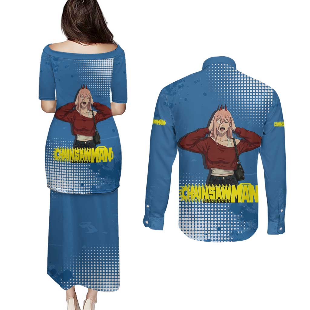 Power Chainsaw Man in Street Chic Couples Matching Puletasi and Long Sleeve Button Shirt Bold Blue Anime Aesthetic with Power