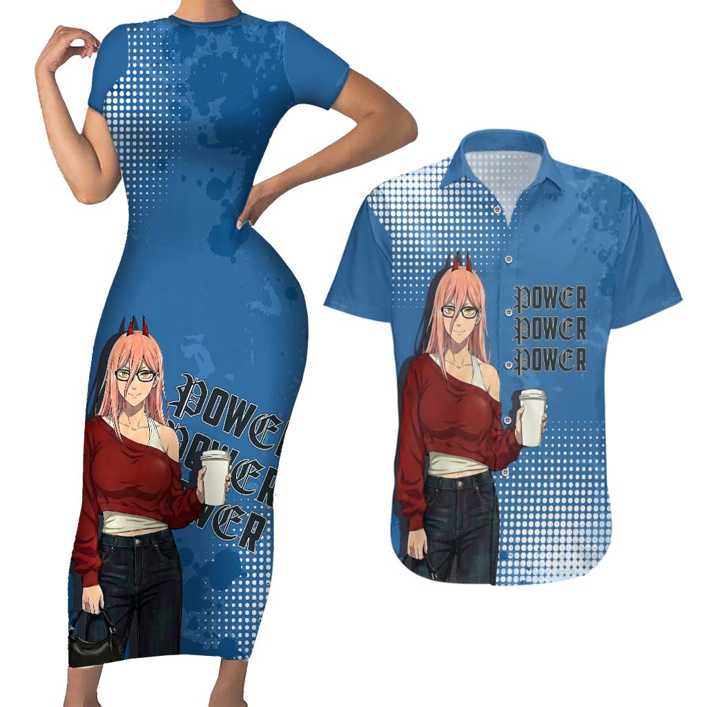 Power Chainsaw Man in Street Chic Couples Matching Short Sleeve Bodycon Dress and Hawaiian Shirt Bold Blue Anime Aesthetic with Power