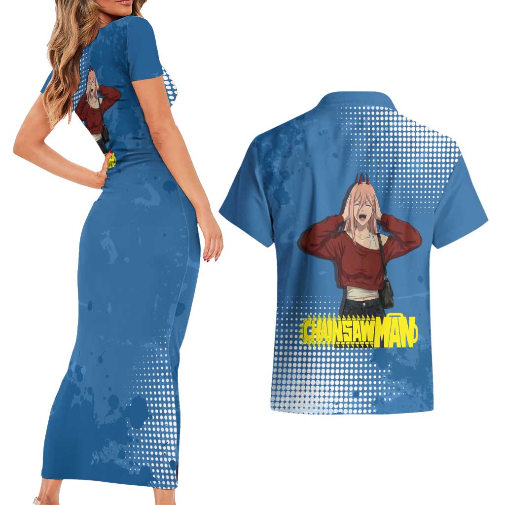 Power Chainsaw Man in Street Chic Couples Matching Short Sleeve Bodycon Dress and Hawaiian Shirt Bold Blue Anime Aesthetic with Power