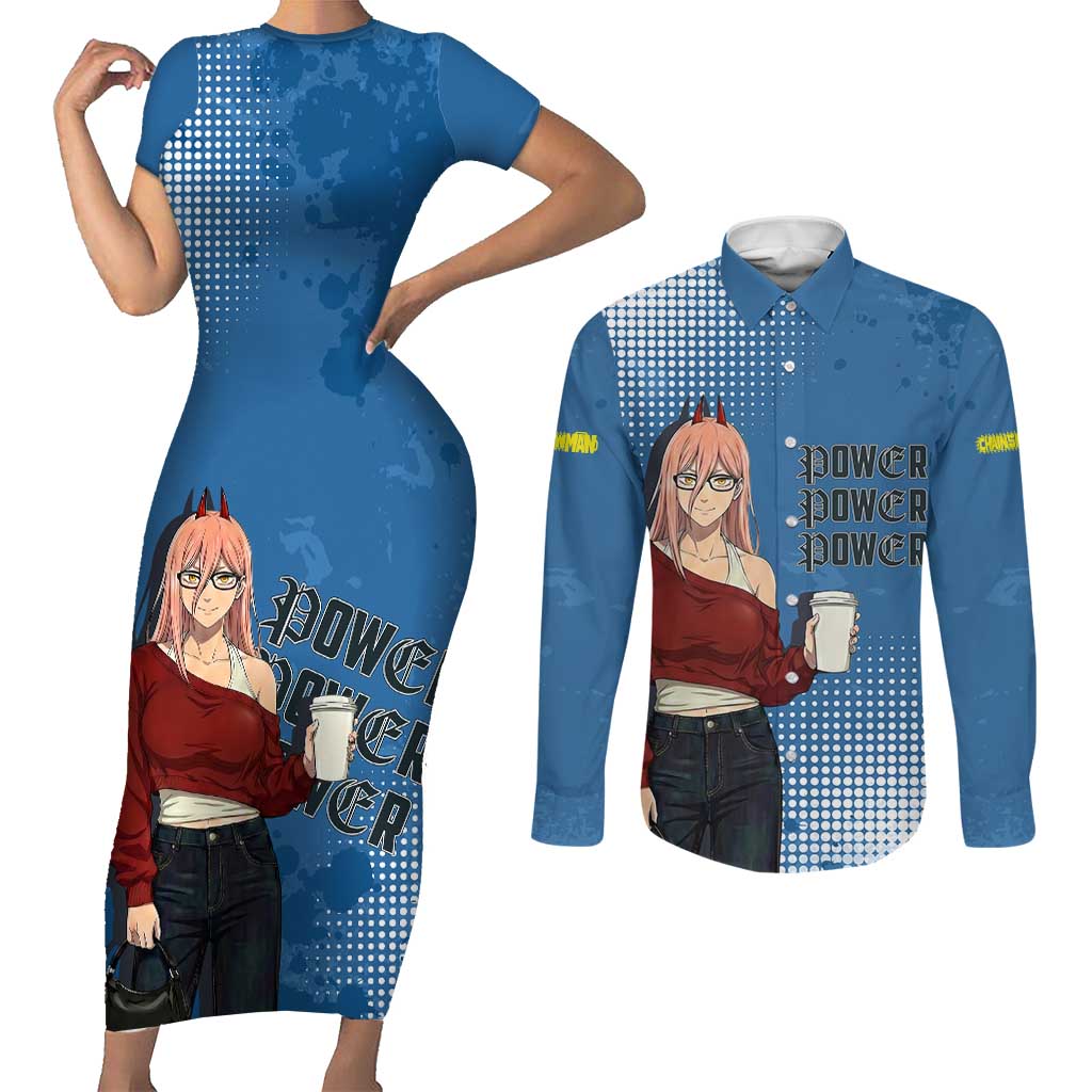 Power Chainsaw Man in Street Chic Couples Matching Short Sleeve Bodycon Dress and Long Sleeve Button Shirt Bold Blue Anime Aesthetic with Power