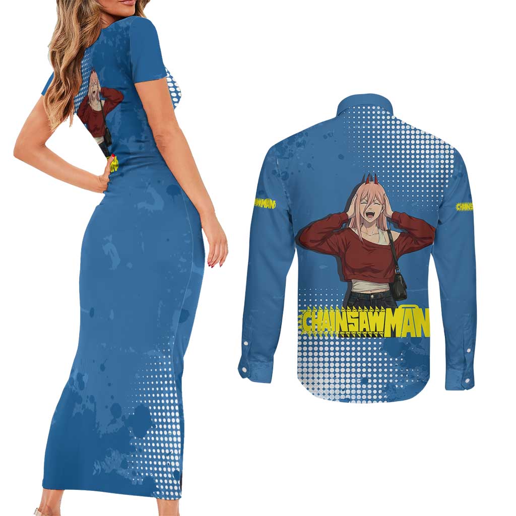 Power Chainsaw Man in Street Chic Couples Matching Short Sleeve Bodycon Dress and Long Sleeve Button Shirt Bold Blue Anime Aesthetic with Power
