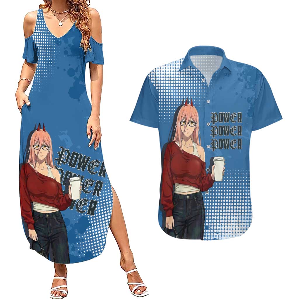 Power Chainsaw Man in Street Chic Couples Matching Summer Maxi Dress and Hawaiian Shirt Bold Blue Anime Aesthetic with Power