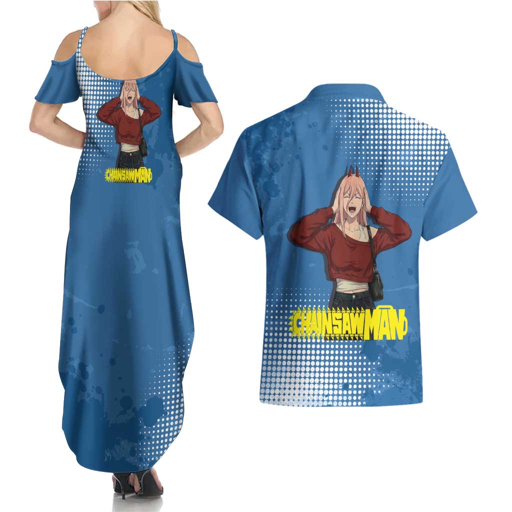 Power Chainsaw Man in Street Chic Couples Matching Summer Maxi Dress and Hawaiian Shirt Bold Blue Anime Aesthetic with Power