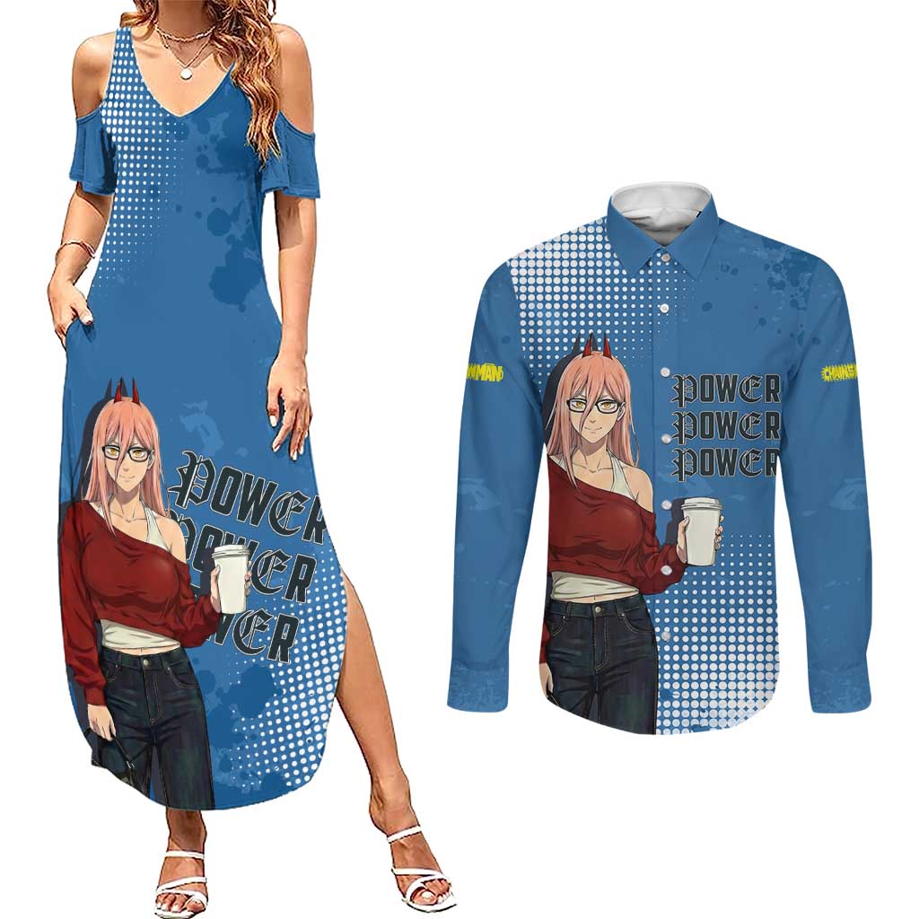 Power Chainsaw Man in Street Chic Couples Matching Summer Maxi Dress and Long Sleeve Button Shirt Bold Blue Anime Aesthetic with Power
