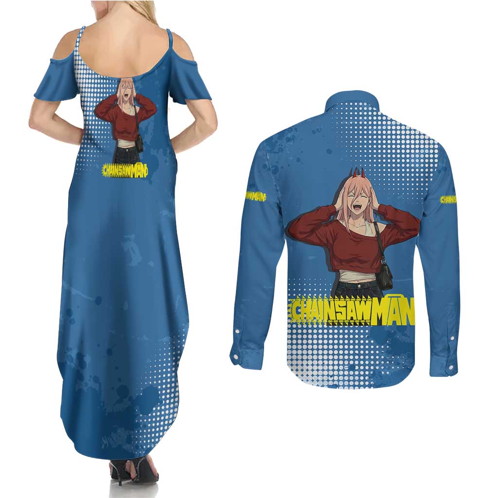 Power Chainsaw Man in Street Chic Couples Matching Summer Maxi Dress and Long Sleeve Button Shirt Bold Blue Anime Aesthetic with Power