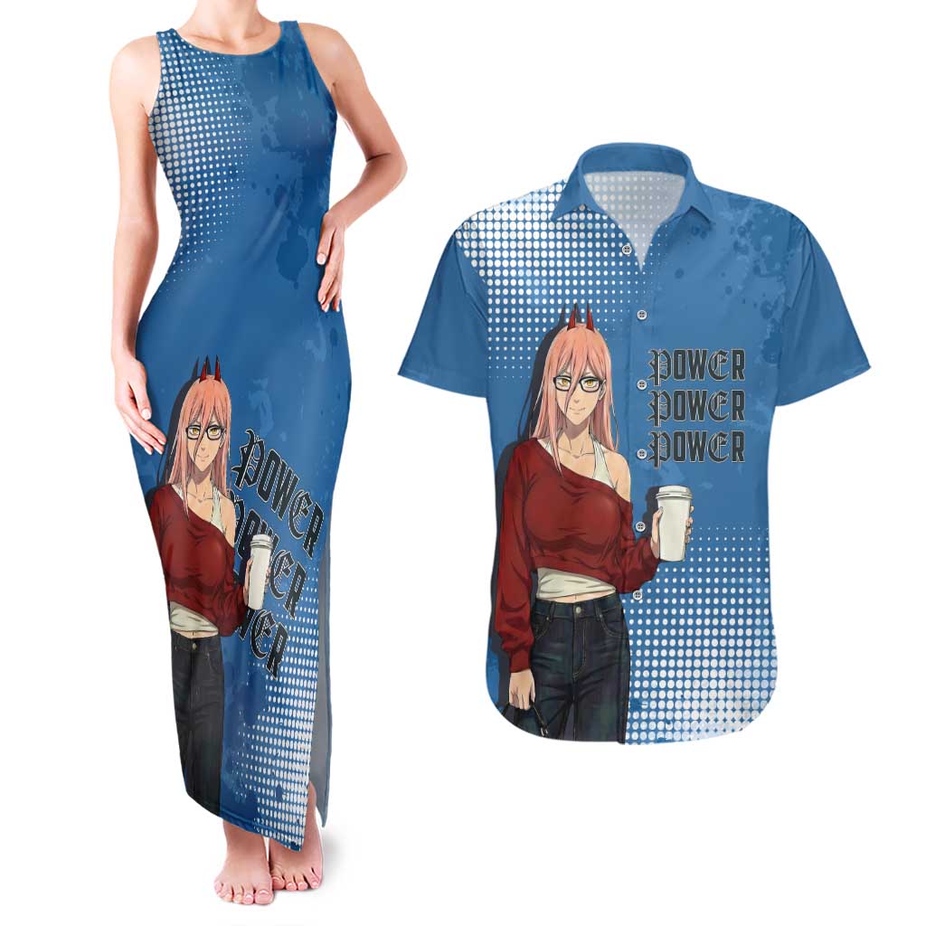 Power Chainsaw Man in Street Chic Couples Matching Tank Maxi Dress and Hawaiian Shirt Bold Blue Anime Aesthetic with Power