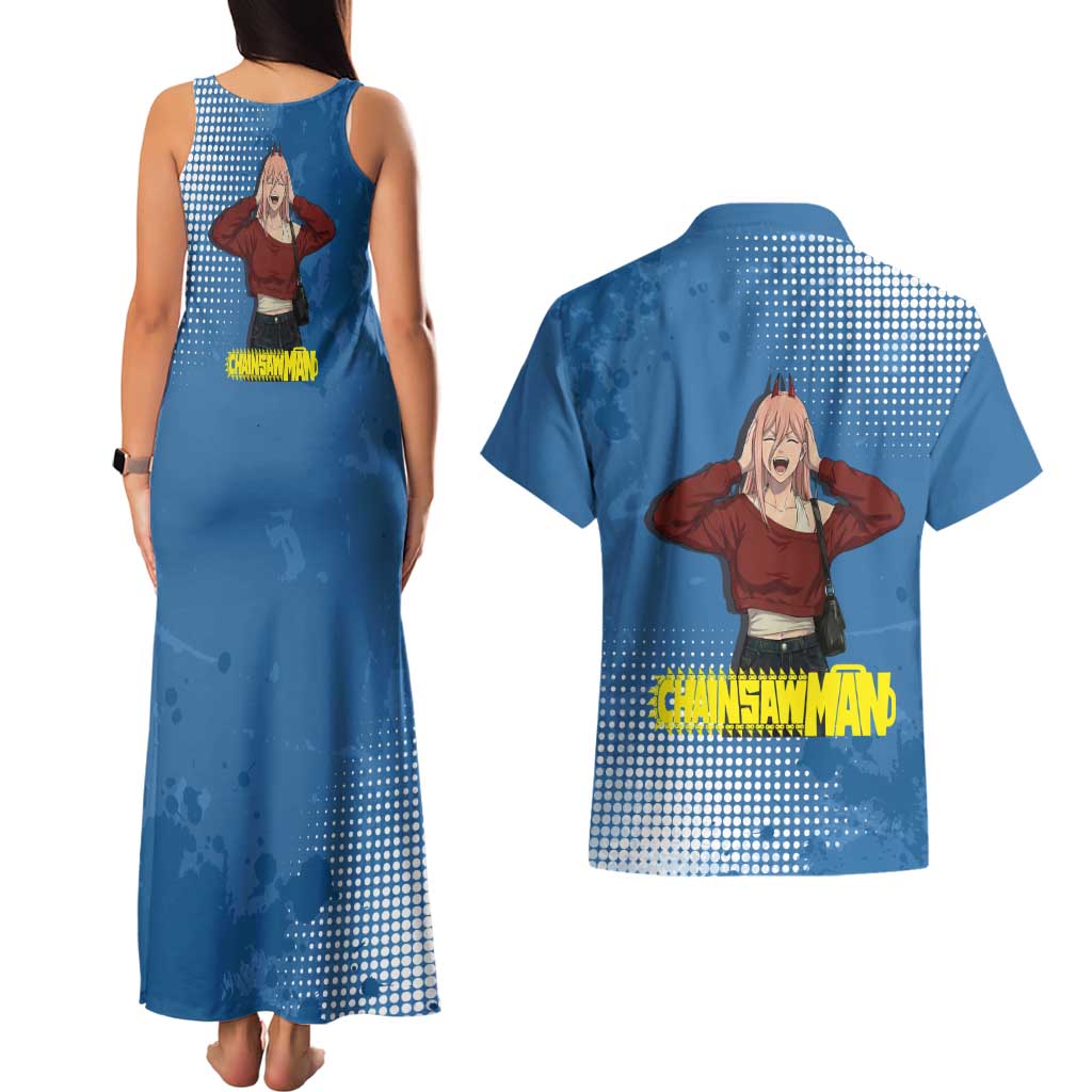 Power Chainsaw Man in Street Chic Couples Matching Tank Maxi Dress and Hawaiian Shirt Bold Blue Anime Aesthetic with Power