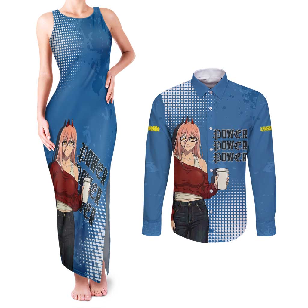 Power Chainsaw Man in Street Chic Couples Matching Tank Maxi Dress and Long Sleeve Button Shirt Bold Blue Anime Aesthetic with Power