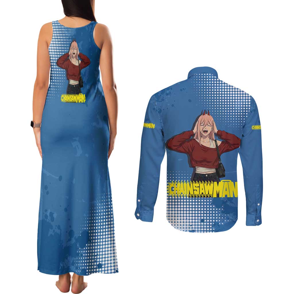 Power Chainsaw Man in Street Chic Couples Matching Tank Maxi Dress and Long Sleeve Button Shirt Bold Blue Anime Aesthetic with Power