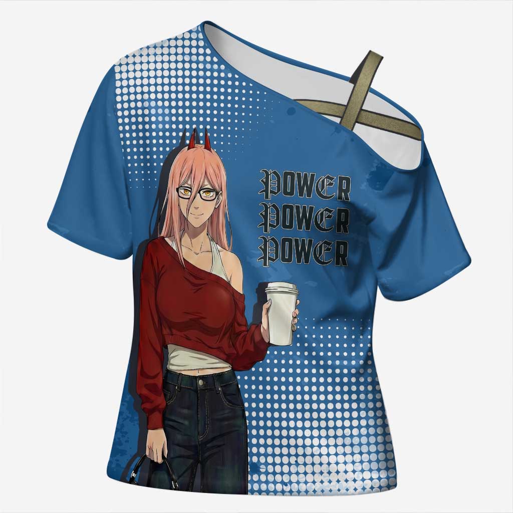 Power Chainsaw Man in Street Chic Cross Shoulder Shirt Bold Blue Anime Aesthetic with Power
