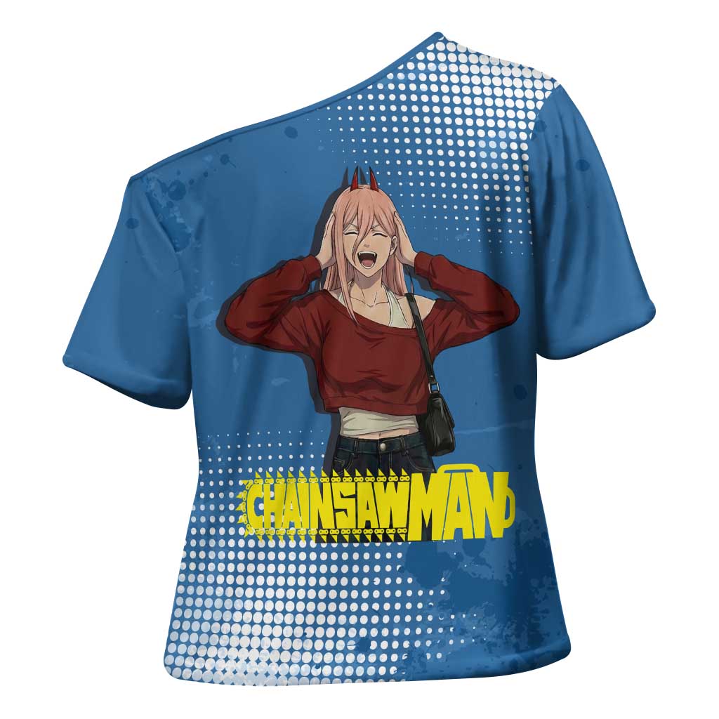 Power Chainsaw Man in Street Chic Cross Shoulder Shirt Bold Blue Anime Aesthetic with Power