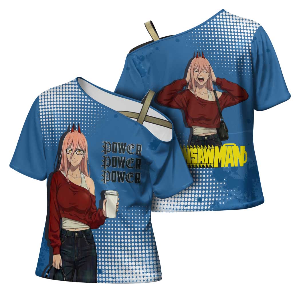Power Chainsaw Man in Street Chic Cross Shoulder Shirt Bold Blue Anime Aesthetic with Power