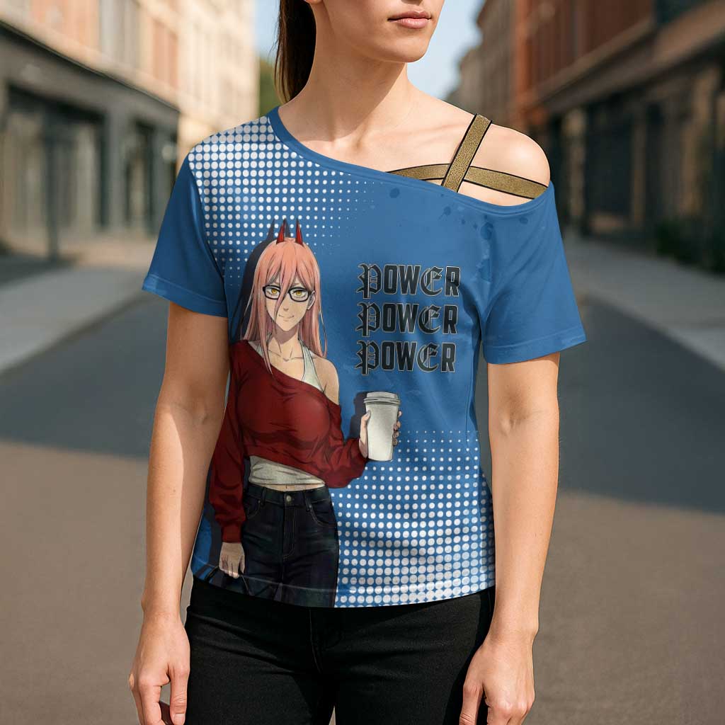 Power Chainsaw Man in Street Chic Cross Shoulder Shirt Bold Blue Anime Aesthetic with Power