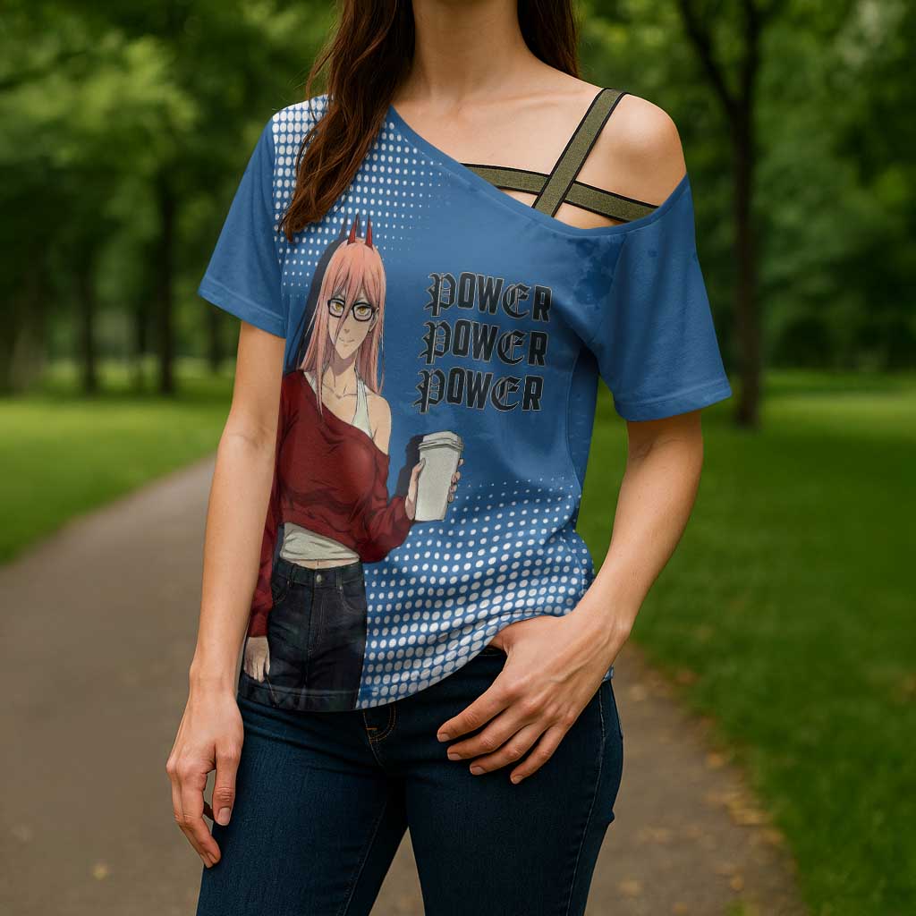 Power Chainsaw Man in Street Chic Cross Shoulder Shirt Bold Blue Anime Aesthetic with Power