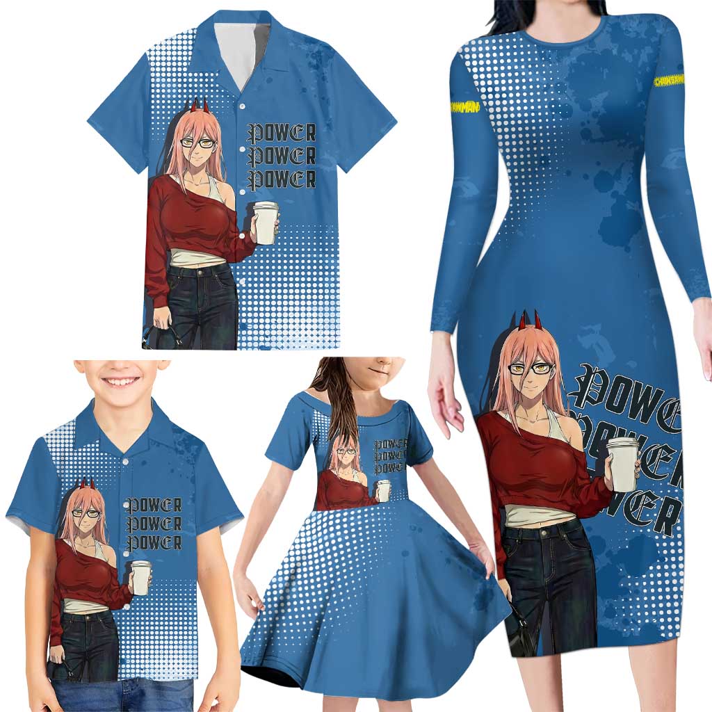 Power Chainsaw Man in Street Chic Family Matching Long Sleeve Bodycon Dress and Hawaiian Shirt Bold Blue Anime Aesthetic with Power