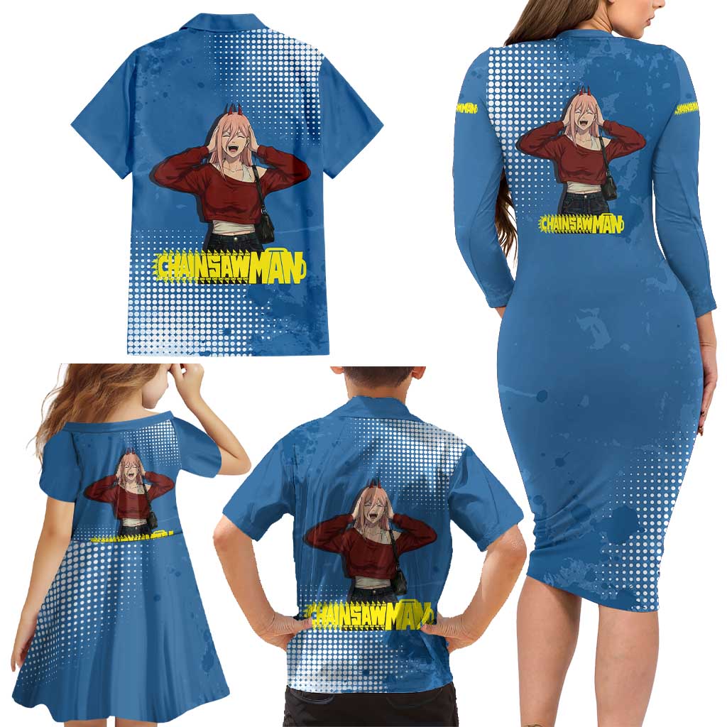 Power Chainsaw Man in Street Chic Family Matching Long Sleeve Bodycon Dress and Hawaiian Shirt Bold Blue Anime Aesthetic with Power