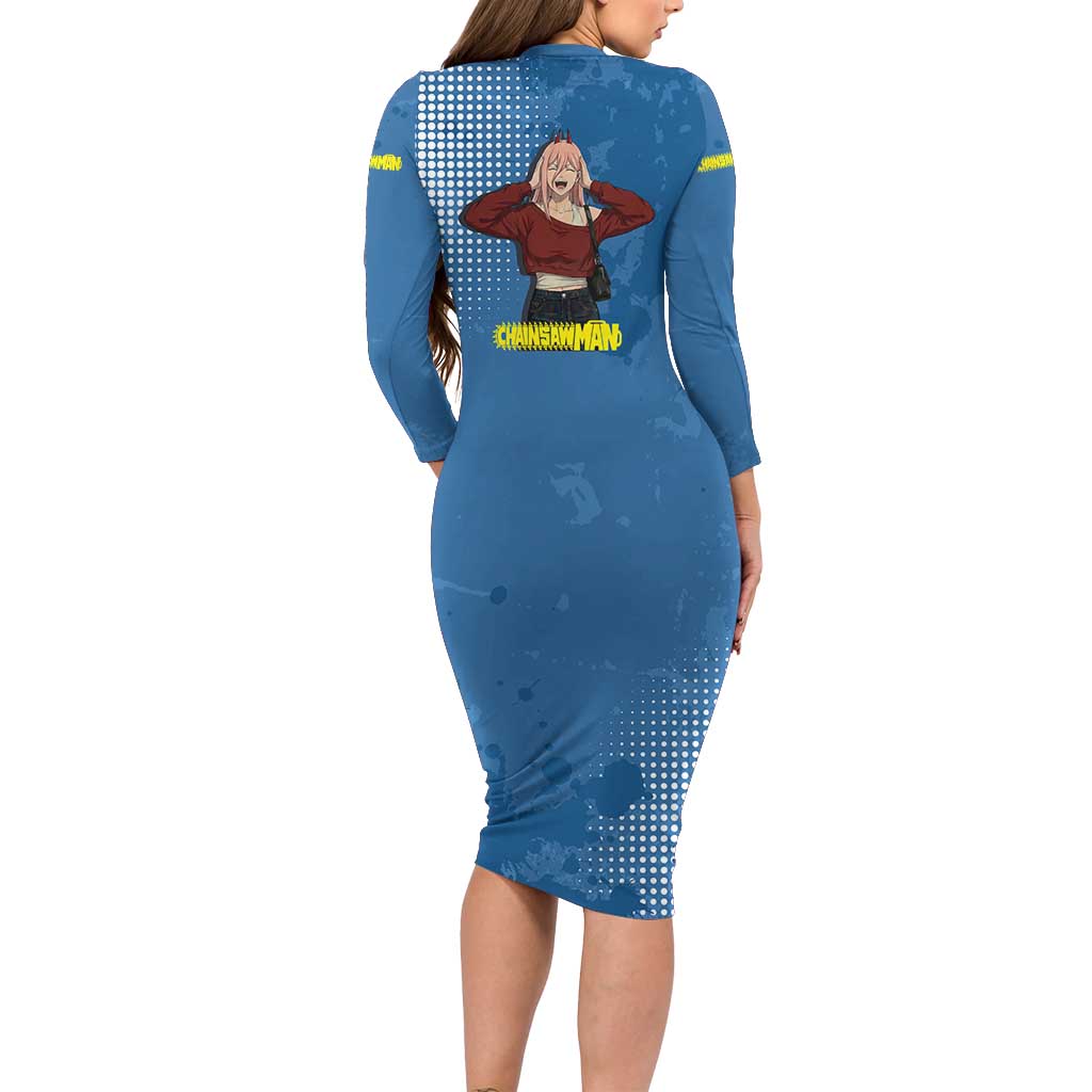 Power Chainsaw Man in Street Chic Family Matching Long Sleeve Bodycon Dress and Hawaiian Shirt Bold Blue Anime Aesthetic with Power