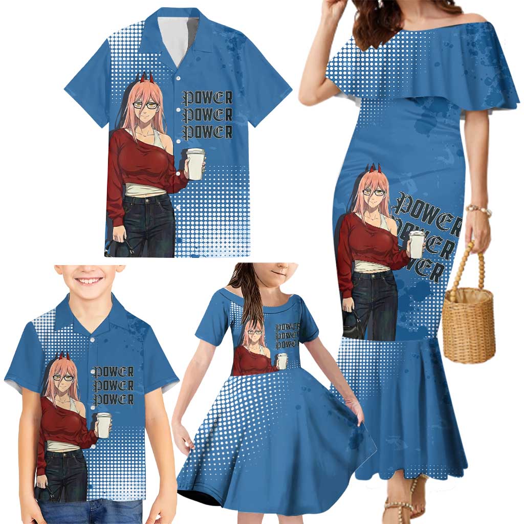 Power Chainsaw Man in Street Chic Family Matching Mermaid Dress and Hawaiian Shirt Bold Blue Anime Aesthetic with Power