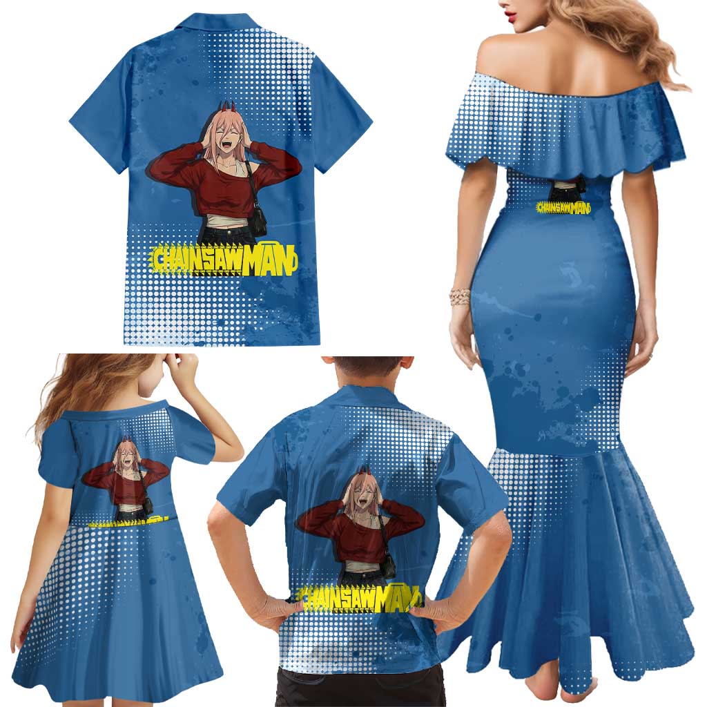 Power Chainsaw Man in Street Chic Family Matching Mermaid Dress and Hawaiian Shirt Bold Blue Anime Aesthetic with Power