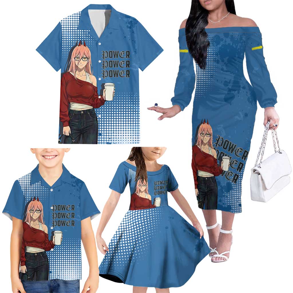 Power Chainsaw Man in Street Chic Family Matching Off The Shoulder Long Sleeve Dress and Hawaiian Shirt Bold Blue Anime Aesthetic with Power