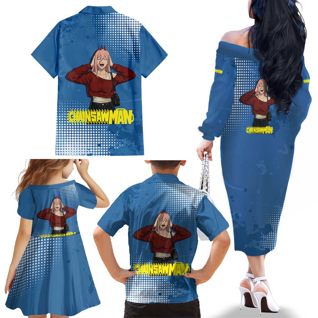 Power Chainsaw Man in Street Chic Family Matching Off The Shoulder Long Sleeve Dress and Hawaiian Shirt Bold Blue Anime Aesthetic with Power