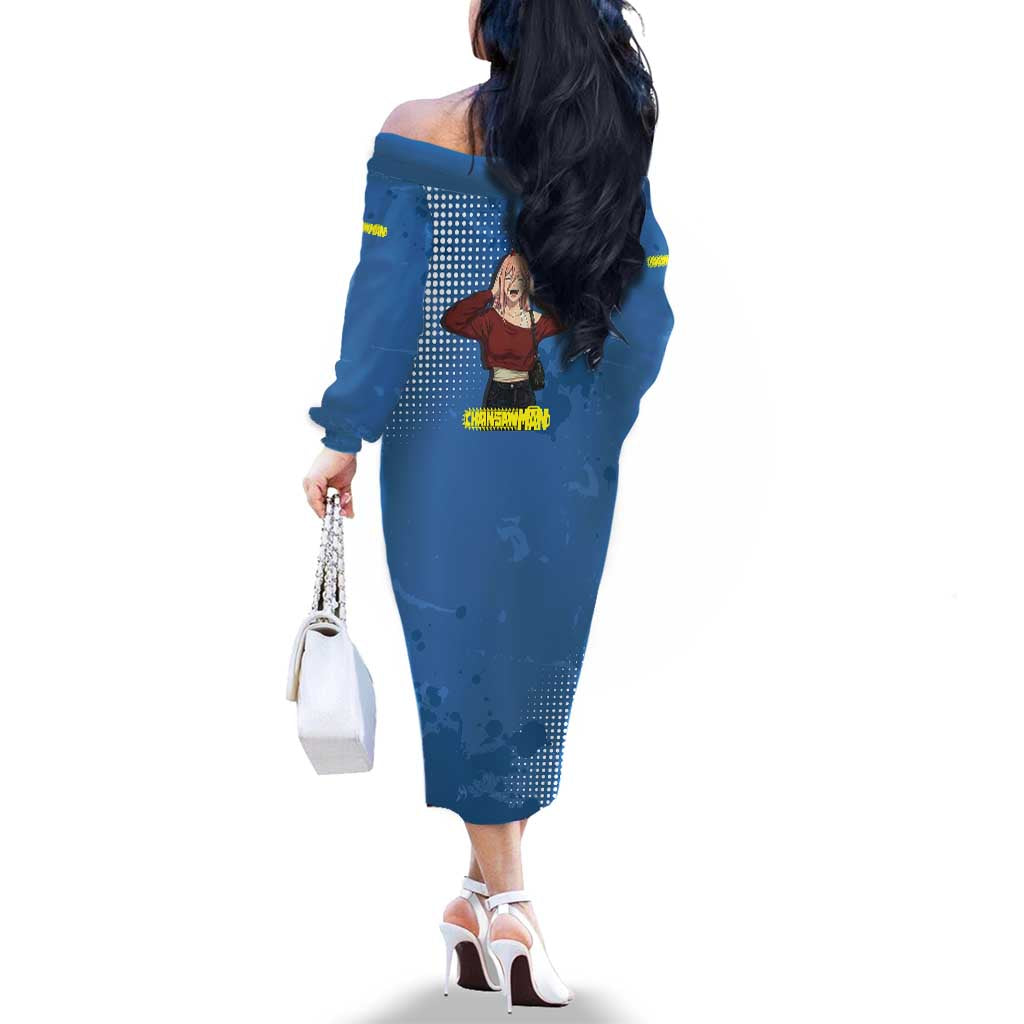 Power Chainsaw Man in Street Chic Family Matching Off The Shoulder Long Sleeve Dress and Hawaiian Shirt Bold Blue Anime Aesthetic with Power