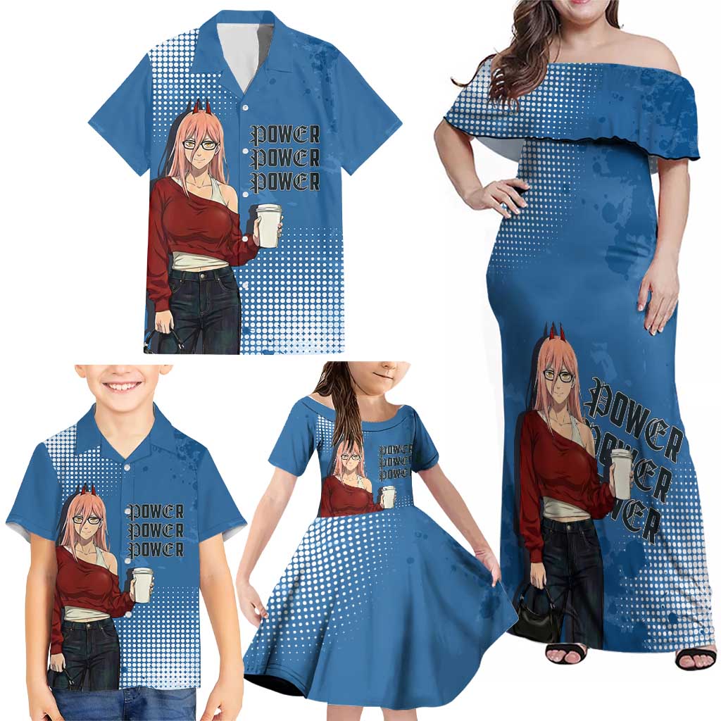 Power Chainsaw Man in Street Chic Family Matching Off Shoulder Maxi Dress and Hawaiian Shirt Bold Blue Anime Aesthetic with Power