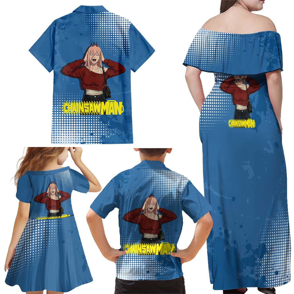 Power Chainsaw Man in Street Chic Family Matching Off Shoulder Maxi Dress and Hawaiian Shirt Bold Blue Anime Aesthetic with Power