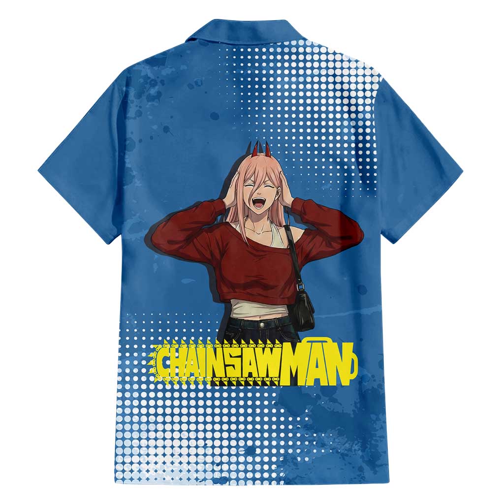 Power Chainsaw Man in Street Chic Family Matching Off Shoulder Maxi Dress and Hawaiian Shirt Bold Blue Anime Aesthetic with Power