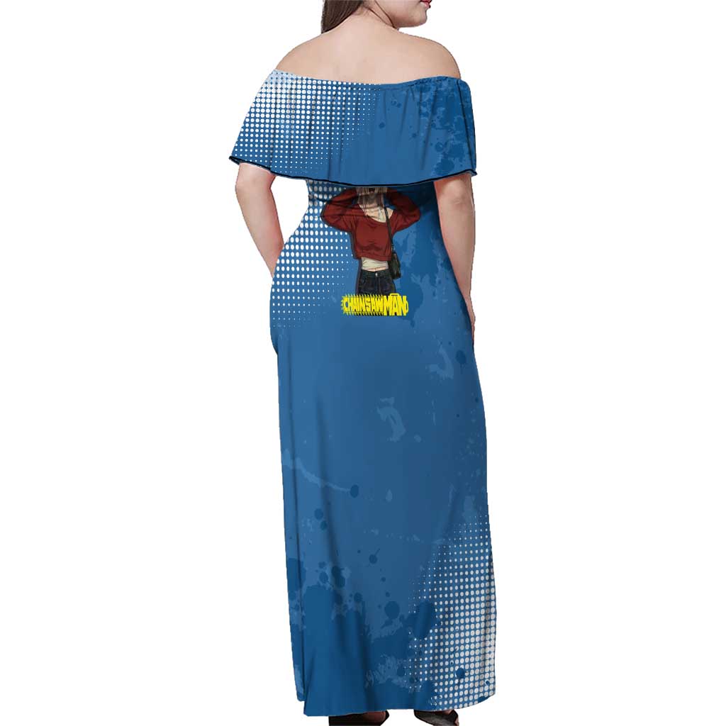 Power Chainsaw Man in Street Chic Family Matching Off Shoulder Maxi Dress and Hawaiian Shirt Bold Blue Anime Aesthetic with Power