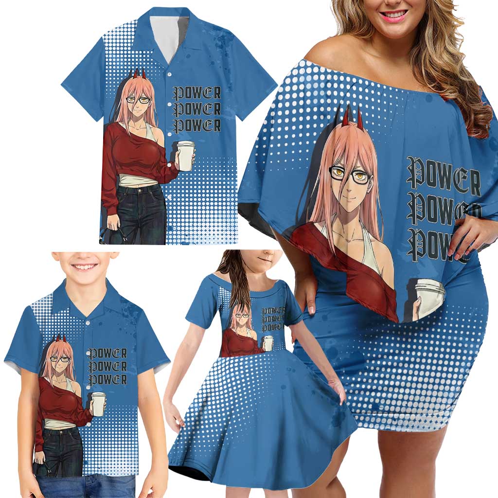 Power Chainsaw Man in Street Chic Family Matching Off Shoulder Short Dress and Hawaiian Shirt Bold Blue Anime Aesthetic with Power