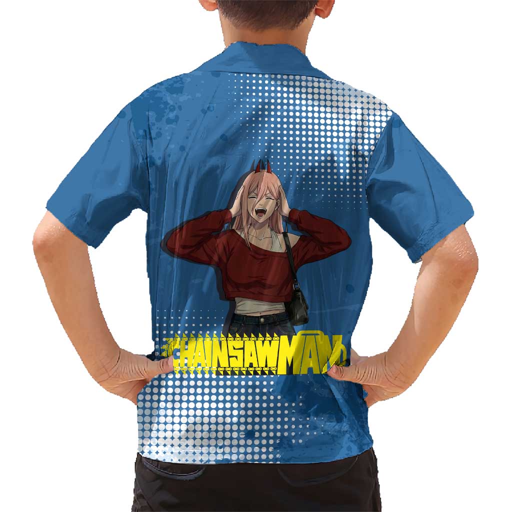 Power Chainsaw Man in Street Chic Family Matching Off Shoulder Short Dress and Hawaiian Shirt Bold Blue Anime Aesthetic with Power