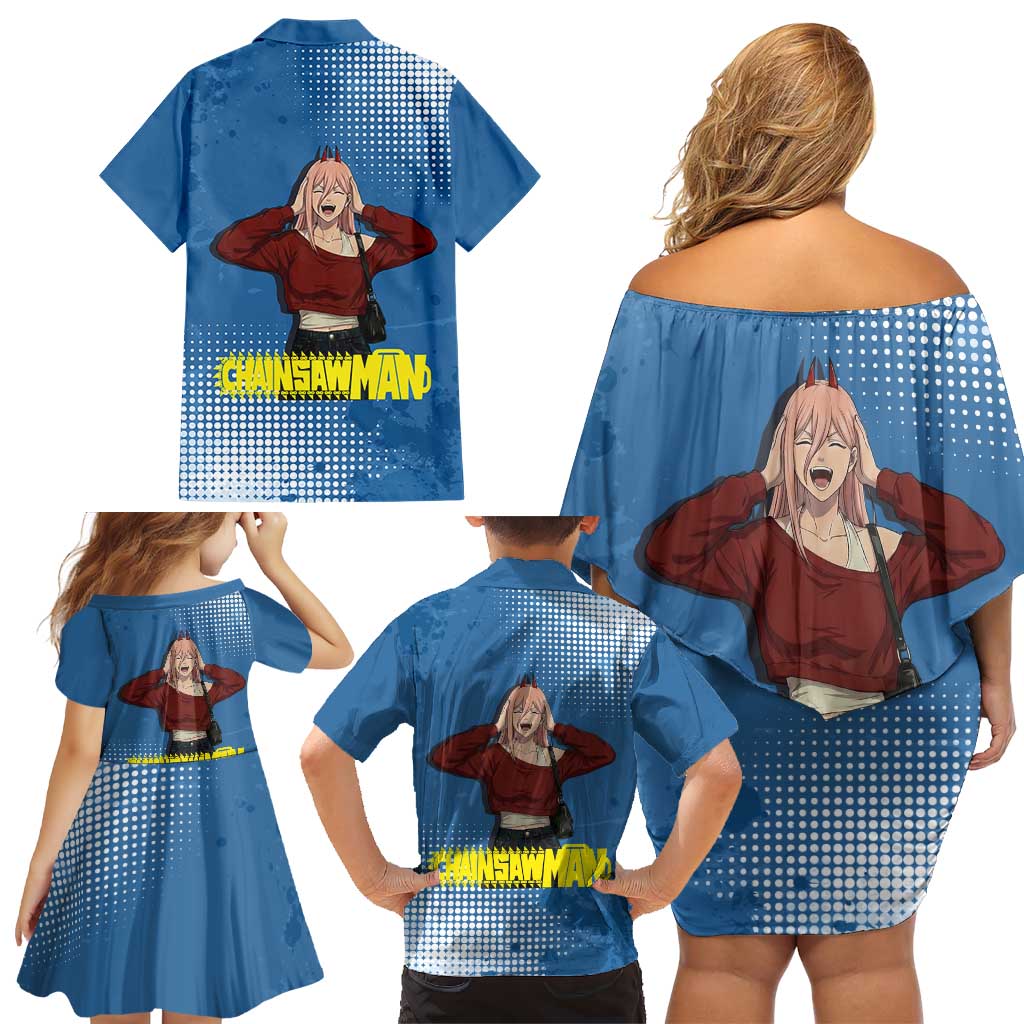 Power Chainsaw Man in Street Chic Family Matching Off Shoulder Short Dress and Hawaiian Shirt Bold Blue Anime Aesthetic with Power