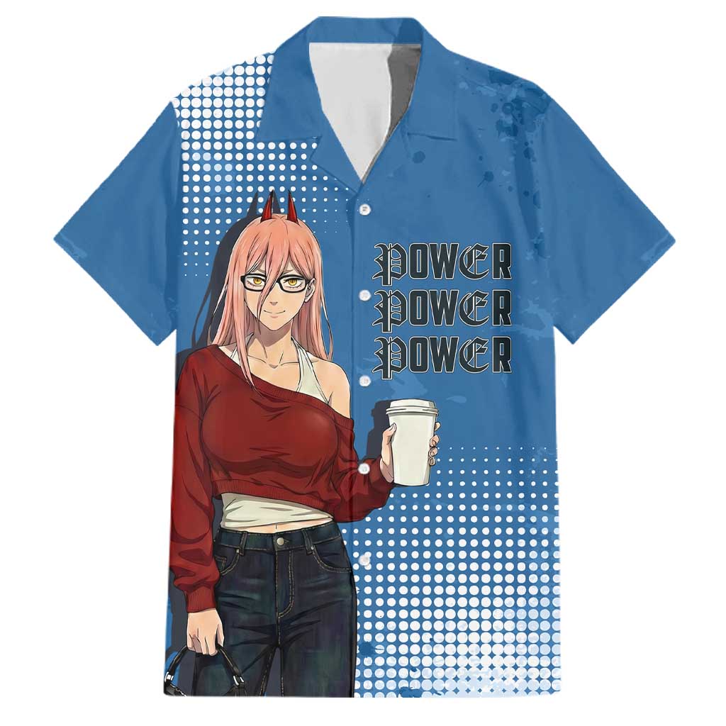 Power Chainsaw Man in Street Chic Family Matching Off Shoulder Short Dress and Hawaiian Shirt Bold Blue Anime Aesthetic with Power