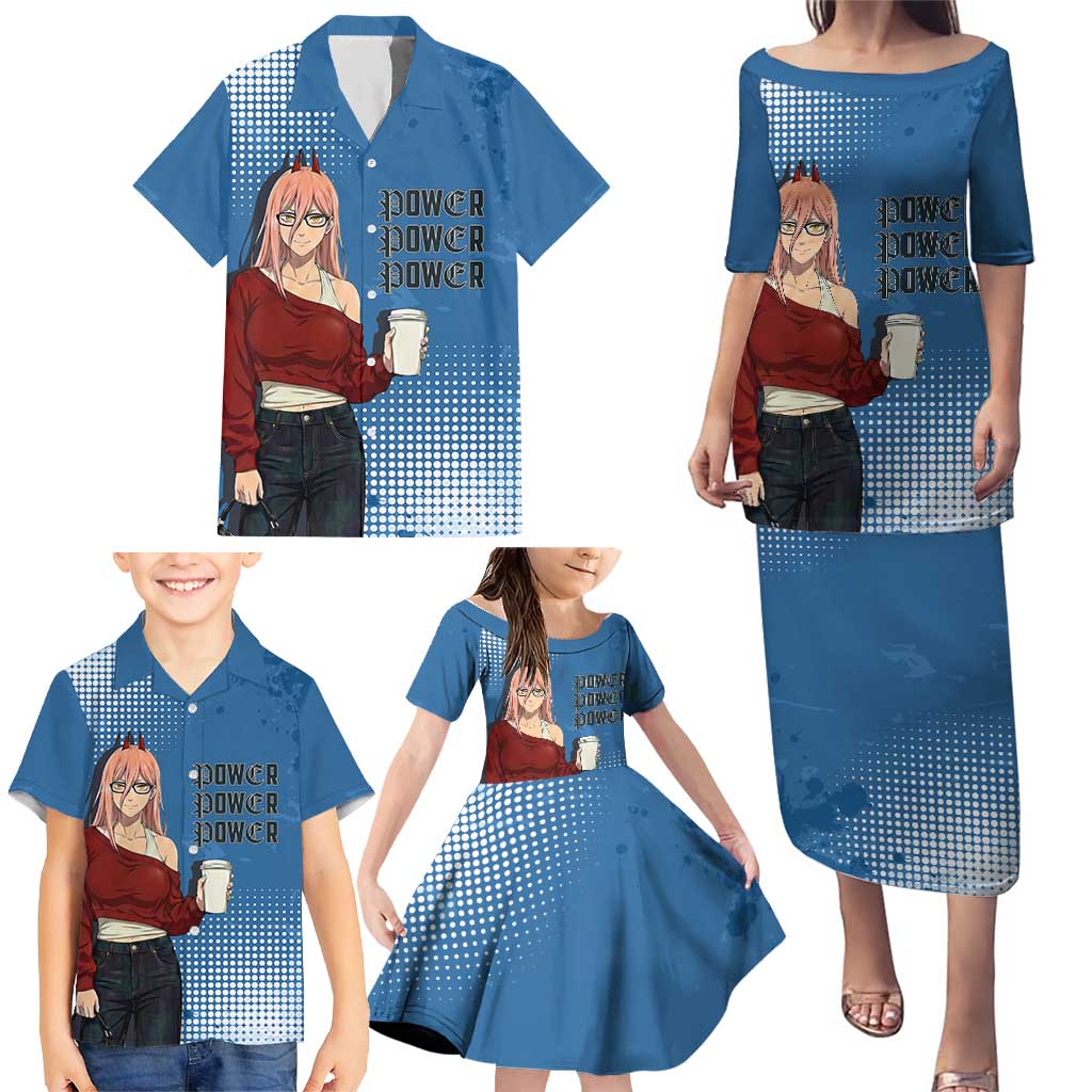 Power Chainsaw Man in Street Chic Family Matching Puletasi and Hawaiian Shirt Bold Blue Anime Aesthetic with Power