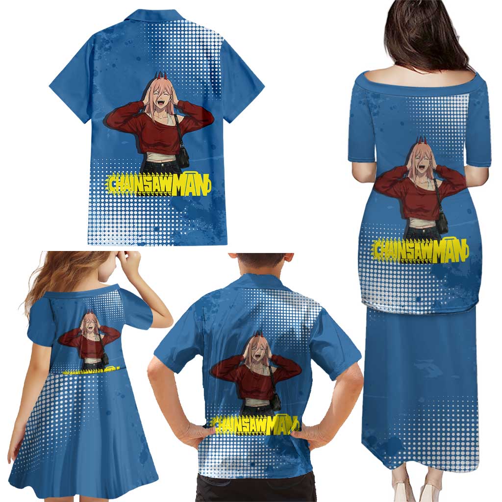 Power Chainsaw Man in Street Chic Family Matching Puletasi and Hawaiian Shirt Bold Blue Anime Aesthetic with Power