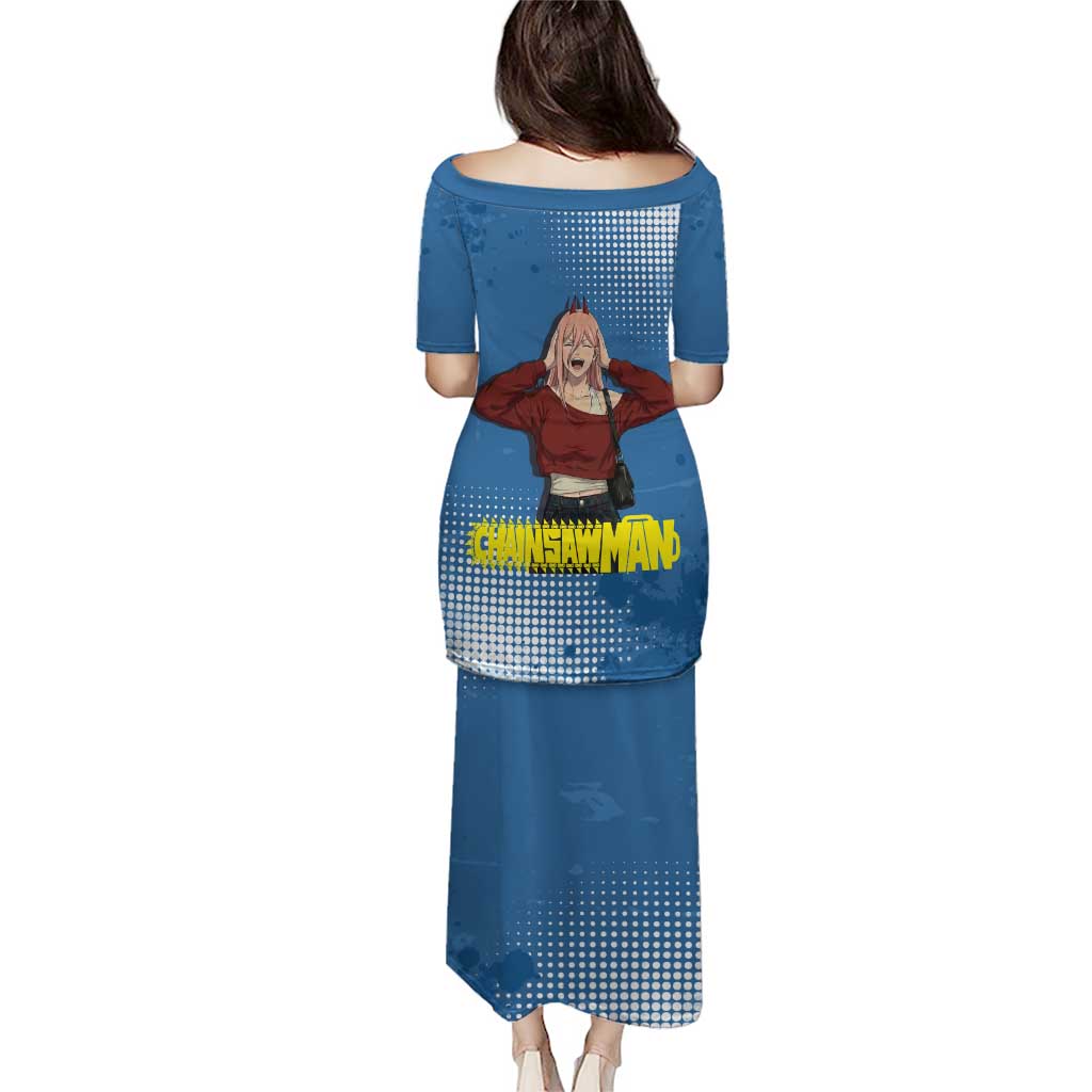 Power Chainsaw Man in Street Chic Family Matching Puletasi and Hawaiian Shirt Bold Blue Anime Aesthetic with Power