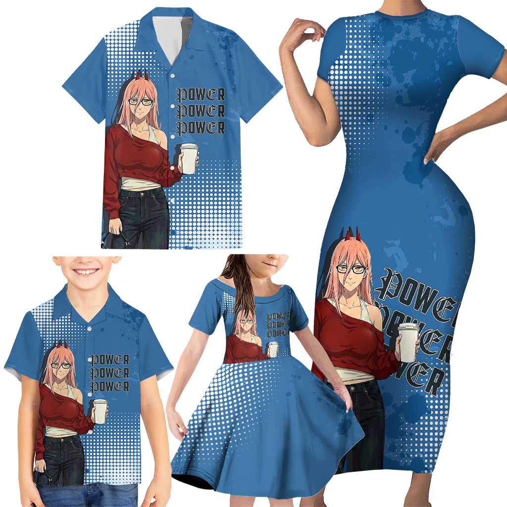 Power Chainsaw Man in Street Chic Family Matching Short Sleeve Bodycon Dress and Hawaiian Shirt Bold Blue Anime Aesthetic with Power