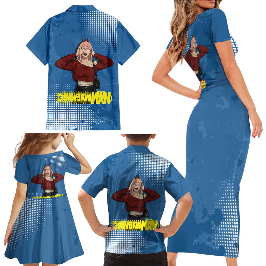 Power Chainsaw Man in Street Chic Family Matching Short Sleeve Bodycon Dress and Hawaiian Shirt Bold Blue Anime Aesthetic with Power