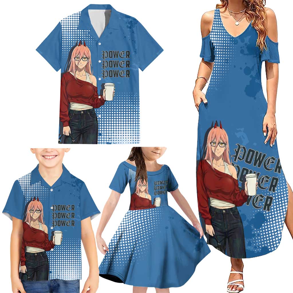 Power Chainsaw Man in Street Chic Family Matching Summer Maxi Dress and Hawaiian Shirt Bold Blue Anime Aesthetic with Power