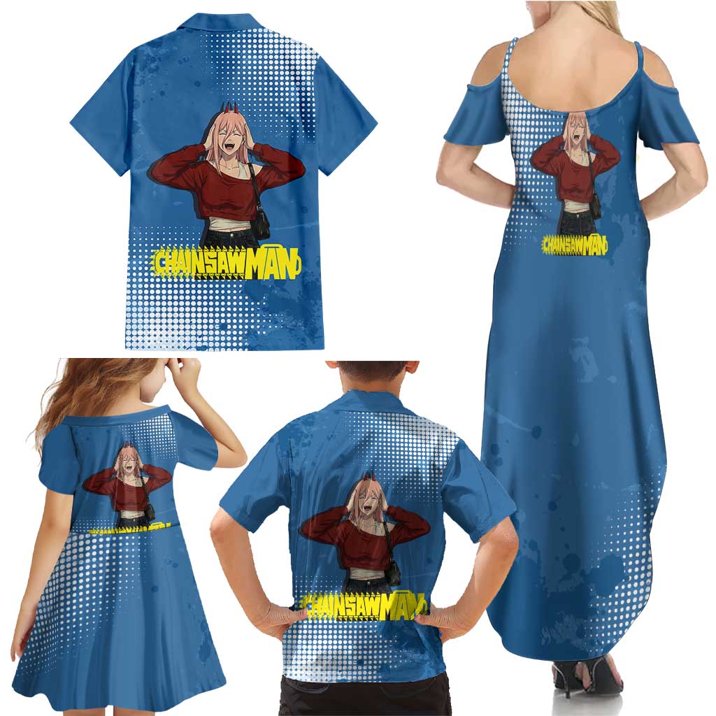 Power Chainsaw Man in Street Chic Family Matching Summer Maxi Dress and Hawaiian Shirt Bold Blue Anime Aesthetic with Power