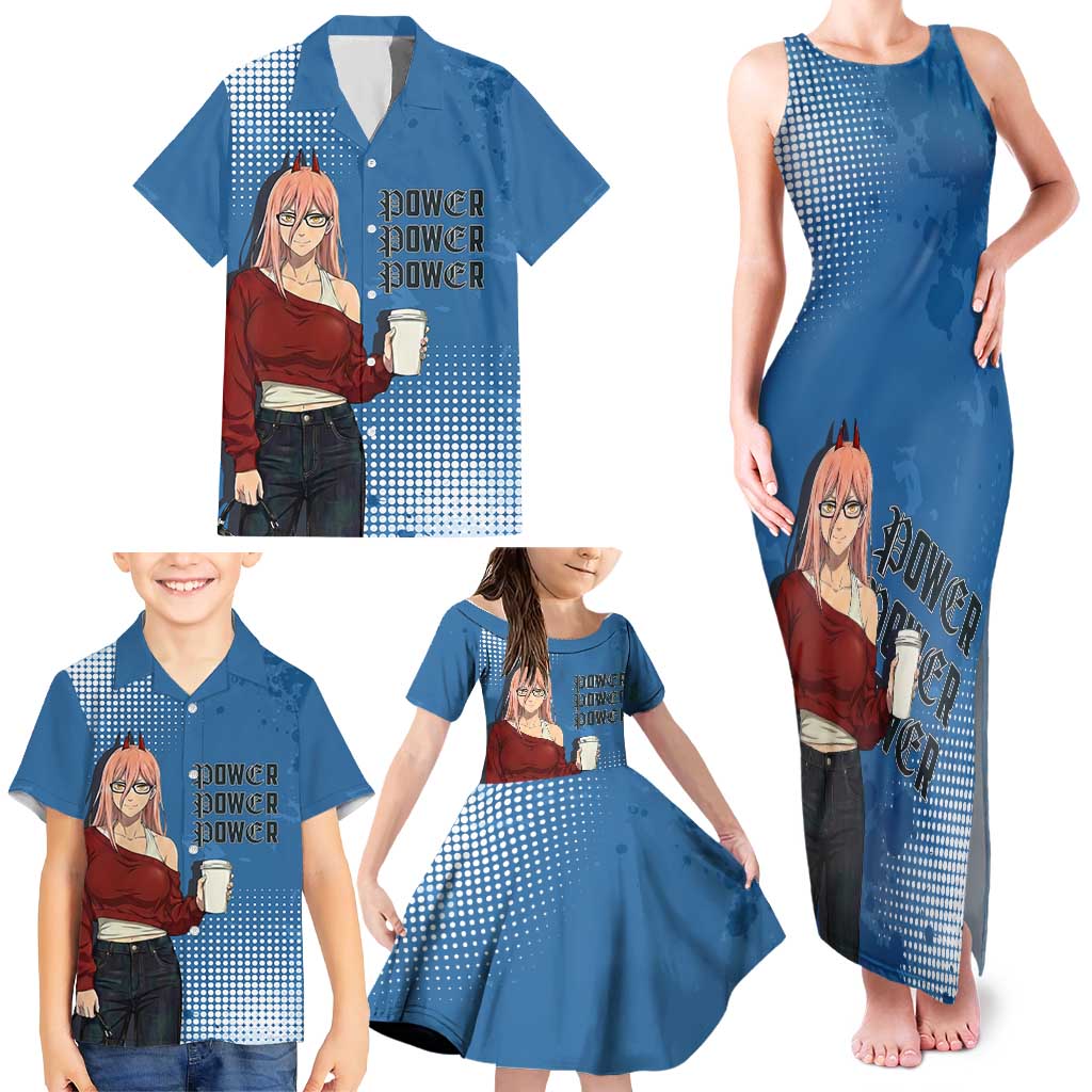 Power Chainsaw Man in Street Chic Family Matching Tank Maxi Dress and Hawaiian Shirt Bold Blue Anime Aesthetic with Power