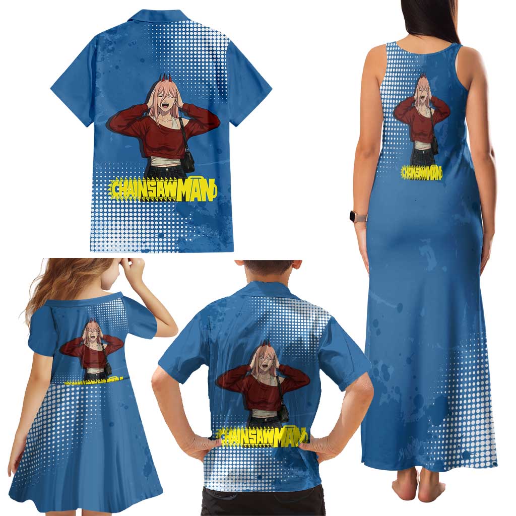 Power Chainsaw Man in Street Chic Family Matching Tank Maxi Dress and Hawaiian Shirt Bold Blue Anime Aesthetic with Power