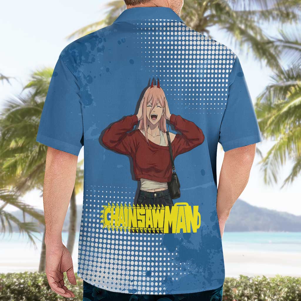 Power Chainsaw Man in Street Chic Hawaiian Shirt Bold Blue Anime Aesthetic with Power