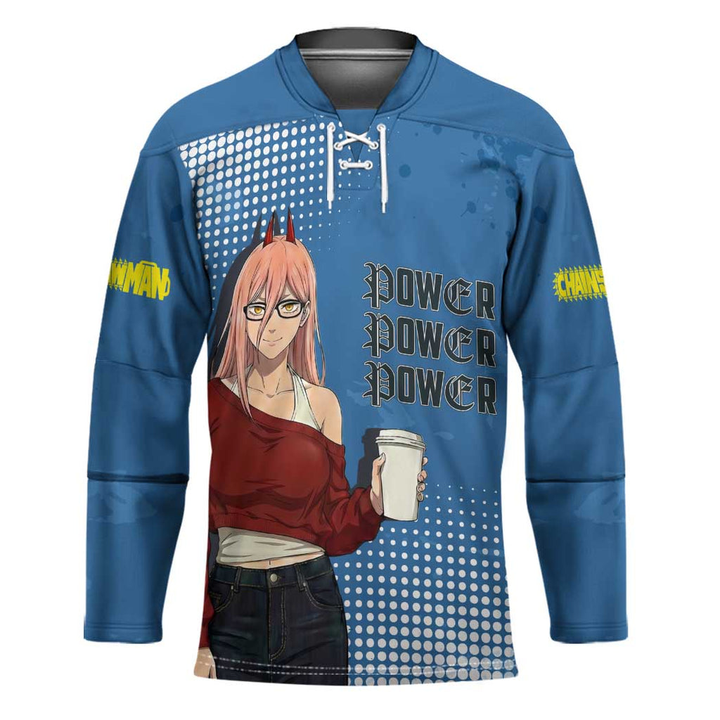 Power Chainsaw Man in Street Chic Hockey Jersey Bold Blue Anime Aesthetic with Power