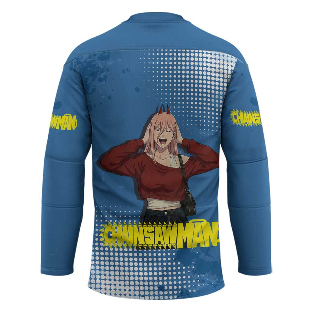 Power Chainsaw Man in Street Chic Hockey Jersey Bold Blue Anime Aesthetic with Power