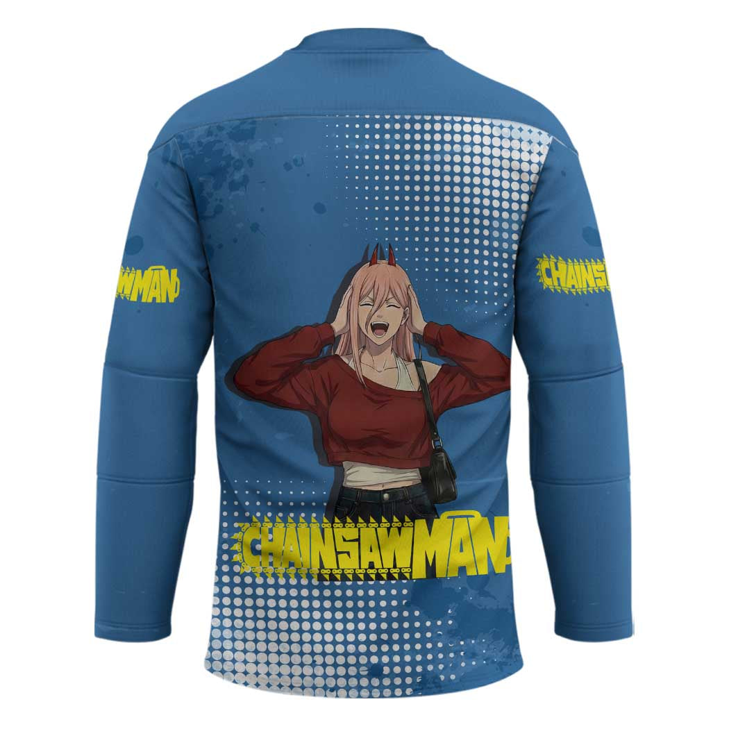 Power Chainsaw Man in Street Chic Hockey Jersey Bold Blue Anime Aesthetic with Power