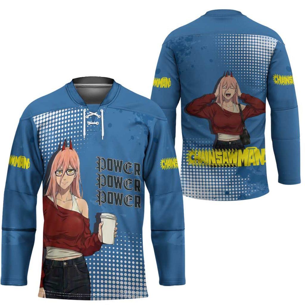Power Chainsaw Man in Street Chic Hockey Jersey Bold Blue Anime Aesthetic with Power